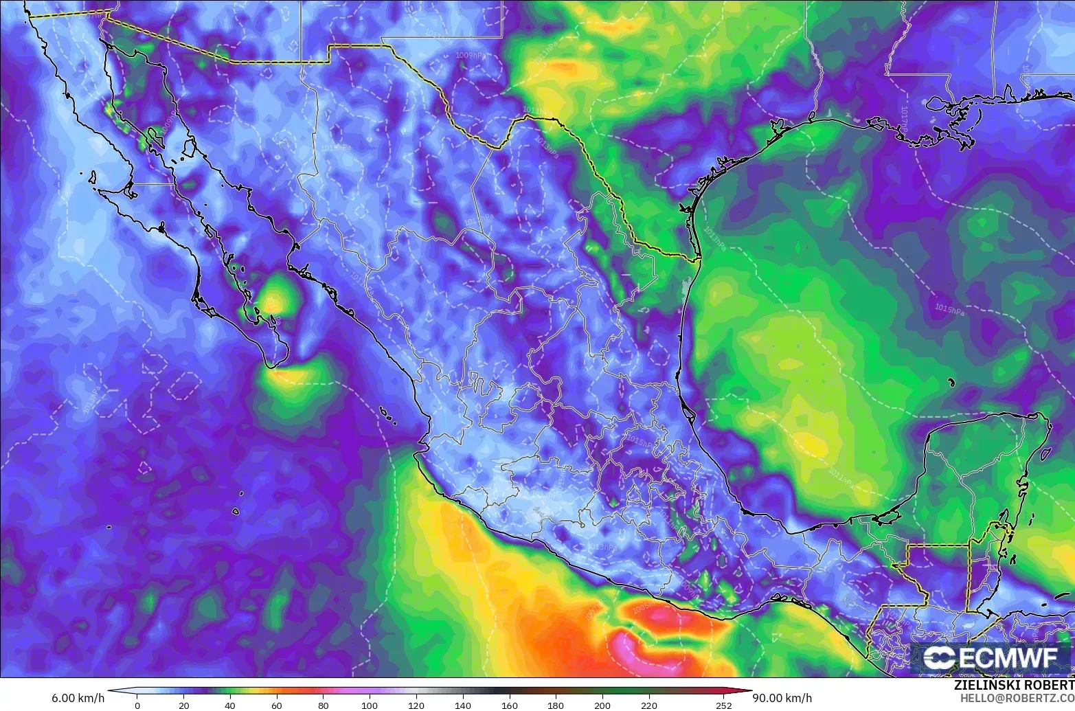 ECMWF IFS 0.25° modelo - México, Ráfagas de viento