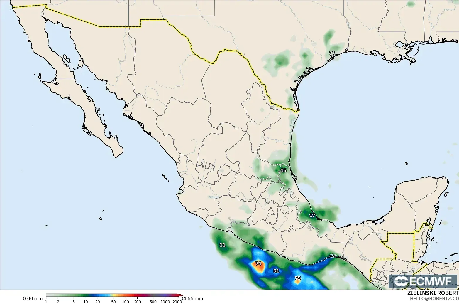 ECMWF IFS 0.25° modelo - México, Acumulación de precipitación
