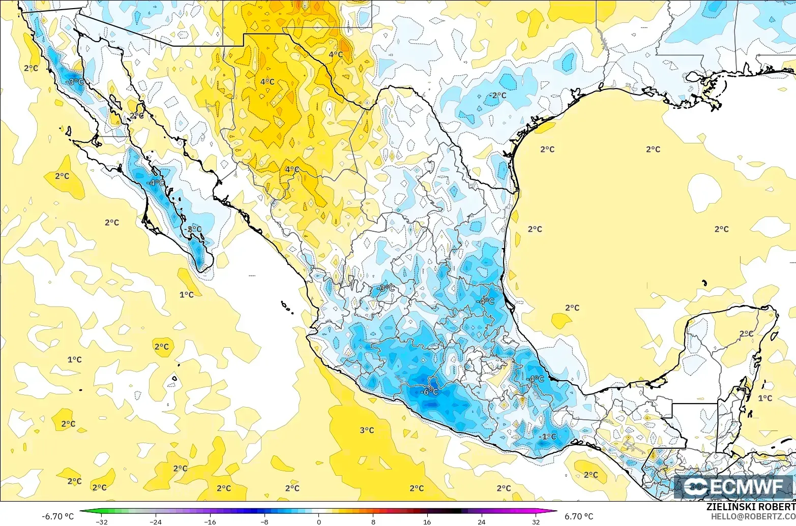 ECMWF IFS 0.25° modelo - México, Anomalía de temperatura a 2 m