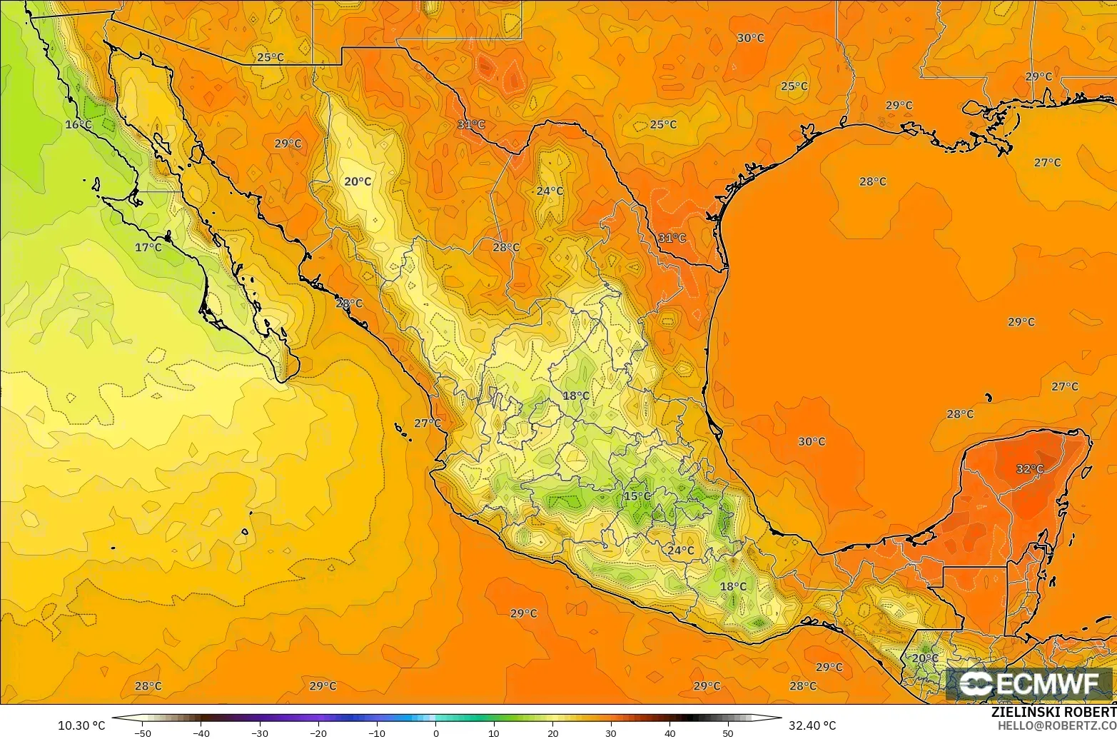 ECMWF IFS 0.25° modelo - México, Temperatura a 2 m