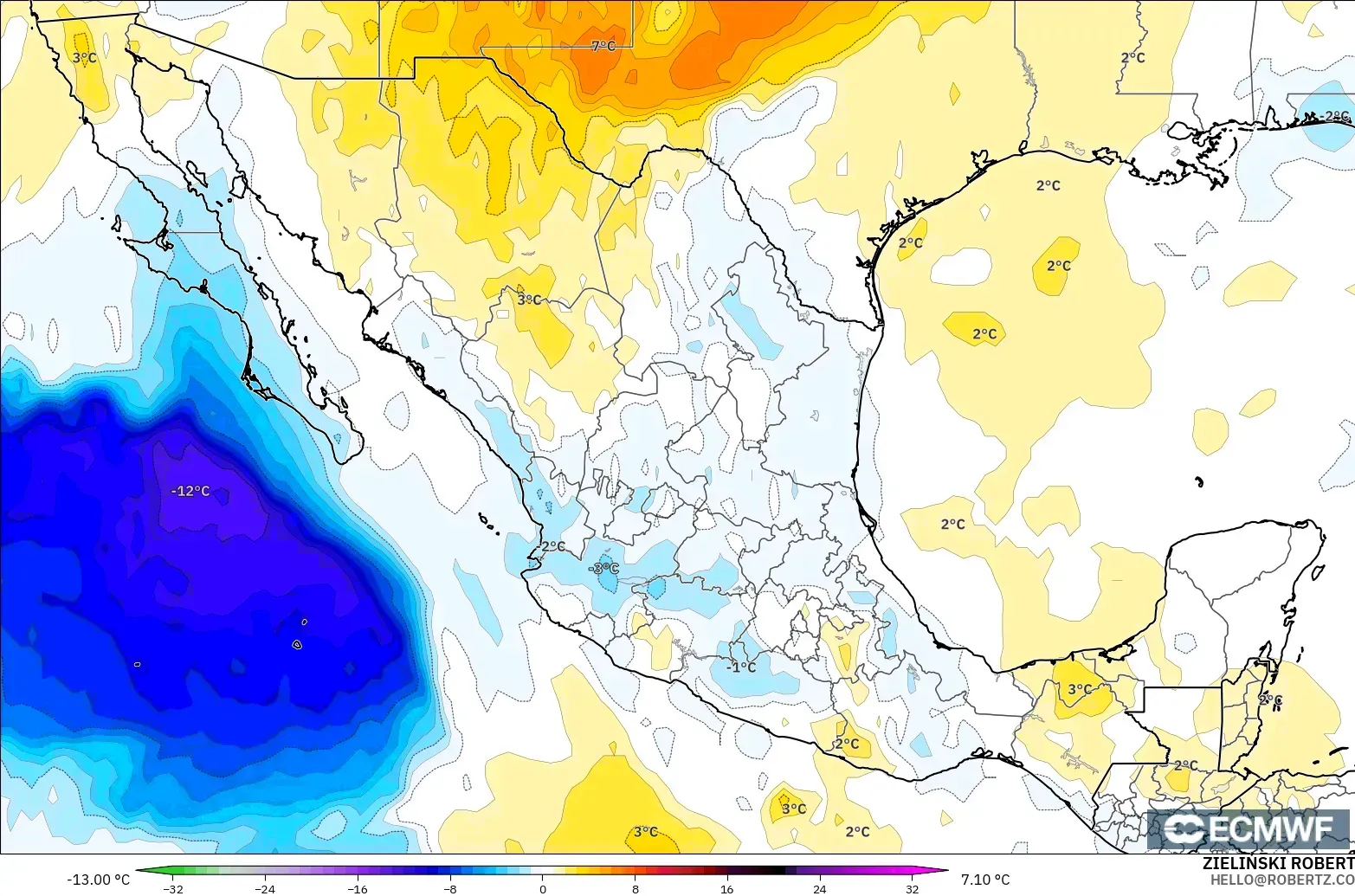 ECMWF IFS 0.25° modelo - México, Anomalía de temperatura a 850 hPa