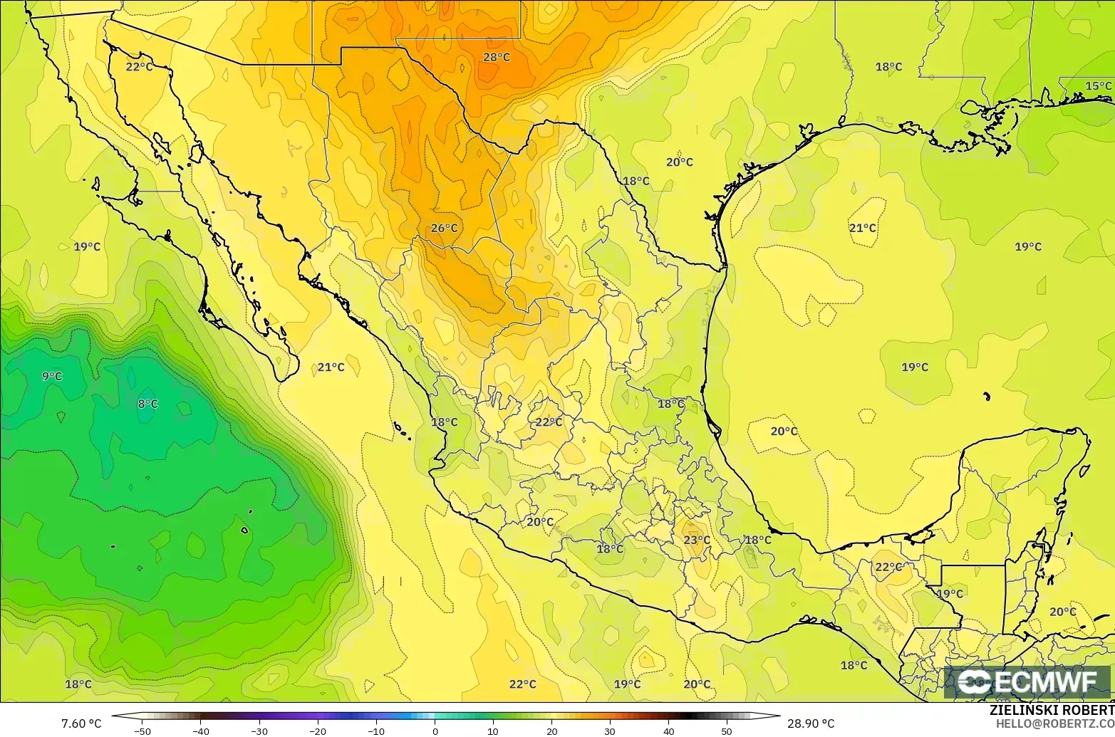 ECMWF IFS 0.25° modelo - México, Temperatura a 850 hPa