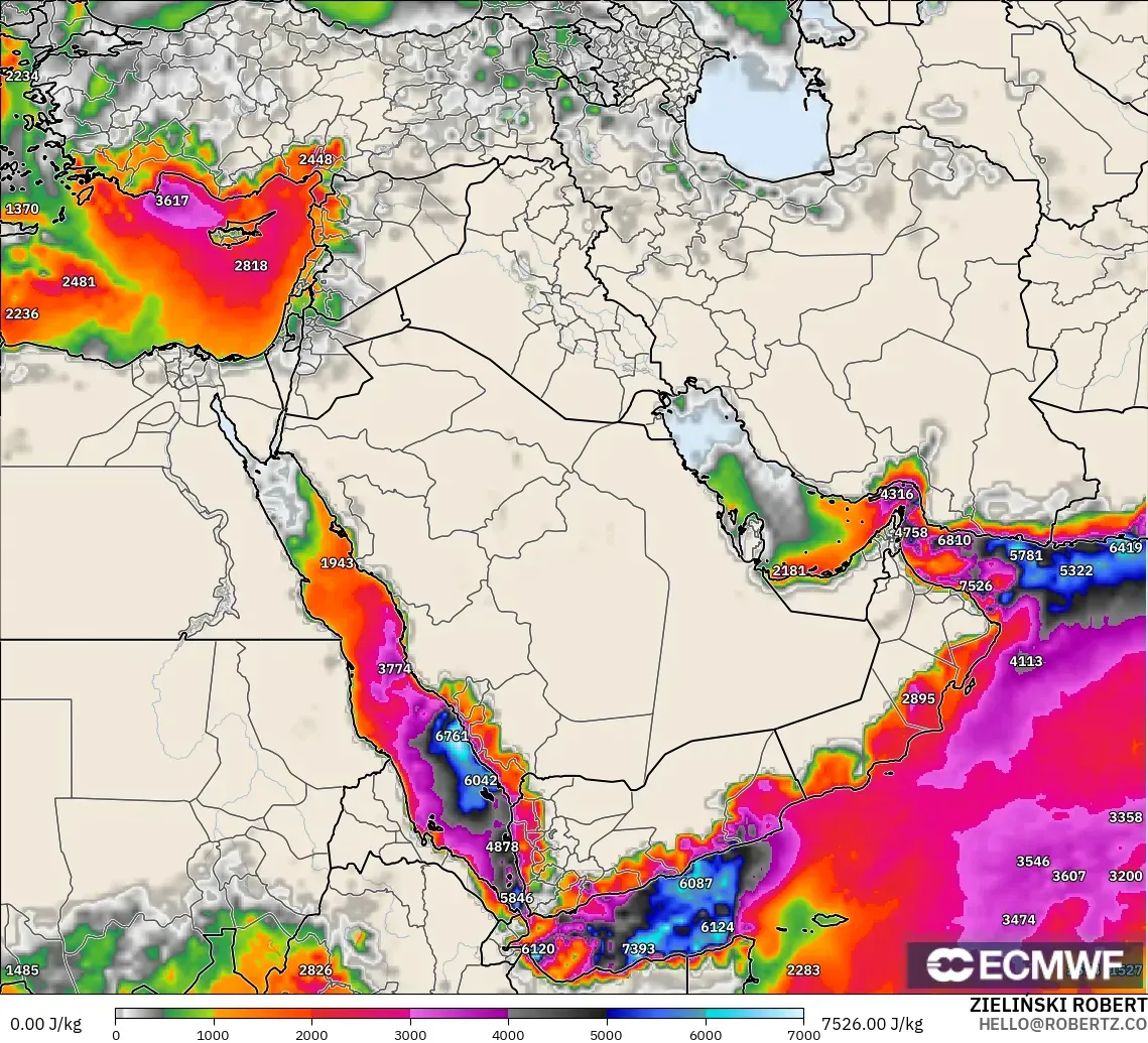 ECMWF IFS 0.25° modelo - Oriente Medio, CAPE