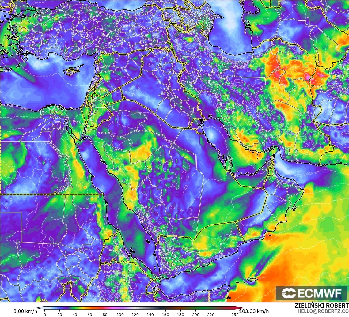 ECMWF IFS 0.25° modelo - Oriente Medio, Ráfagas de viento