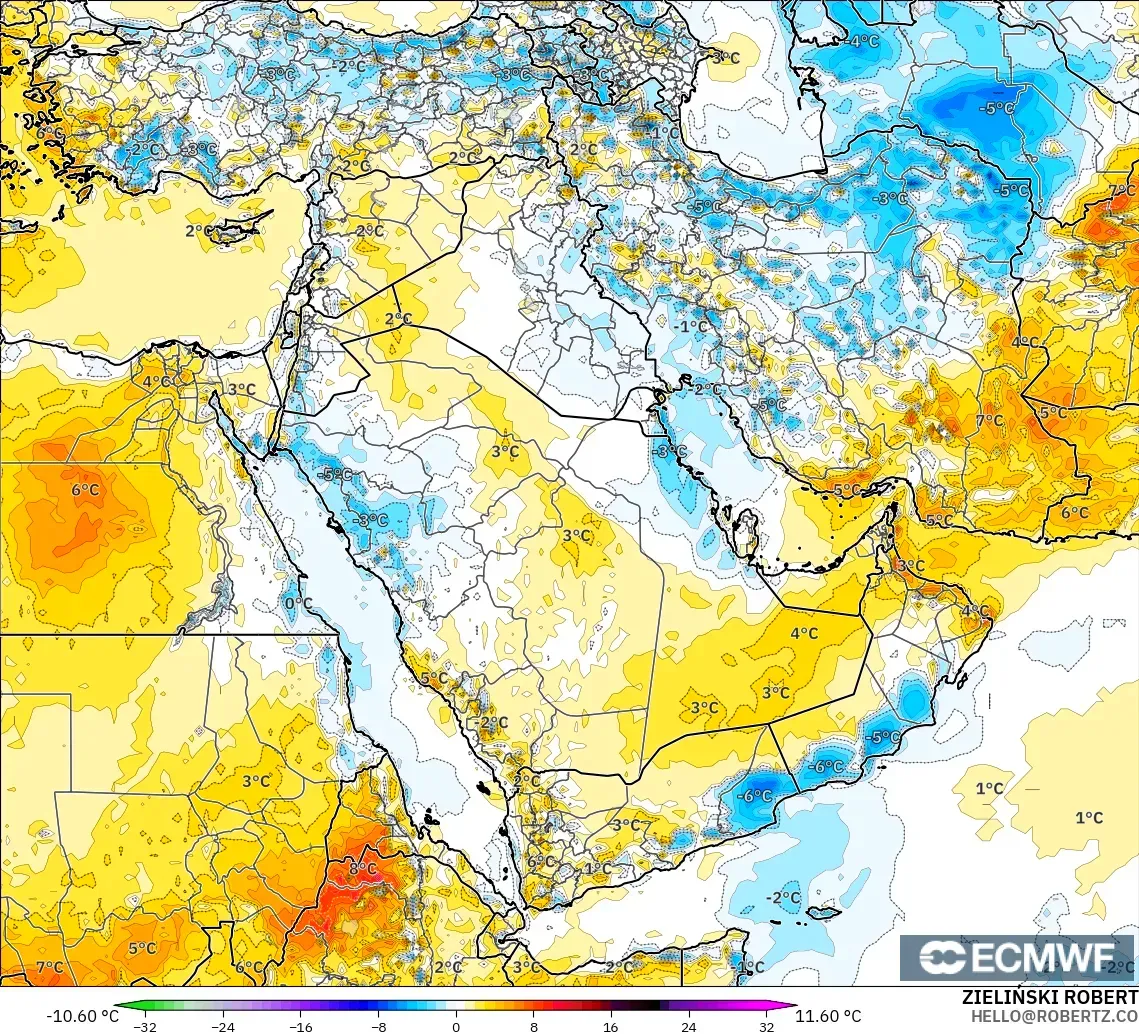 ECMWF IFS 0.25° modelo - Oriente Medio, Anomalía de temperatura a 2 m