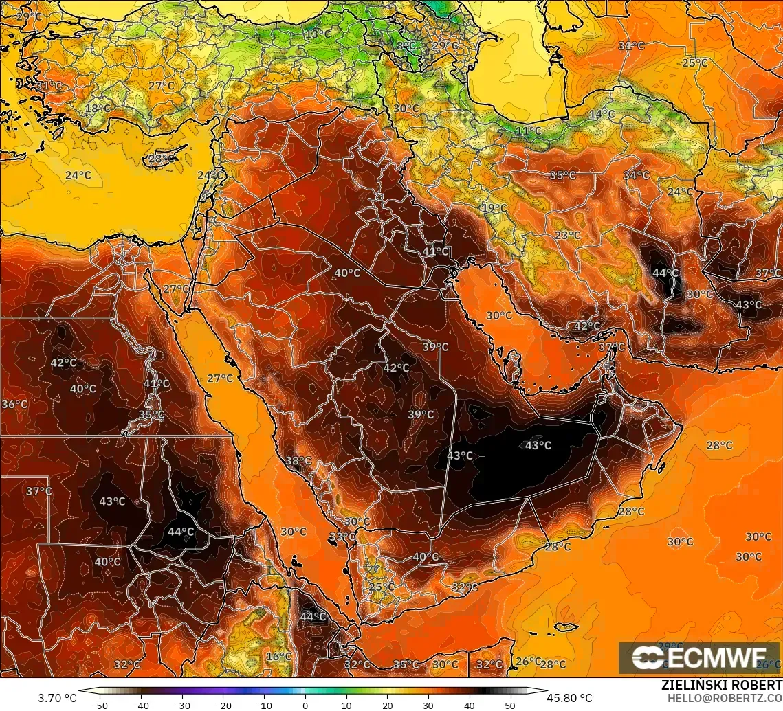 ECMWF IFS 0.25° modelo - Oriente Medio, Temperatura a 2 m