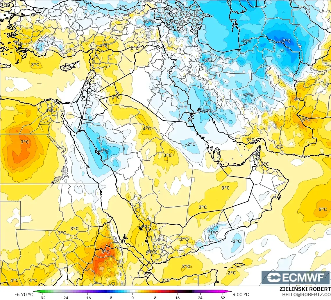 ECMWF IFS 0.25° modelo - Oriente Medio, Anomalía de temperatura a 850 hPa