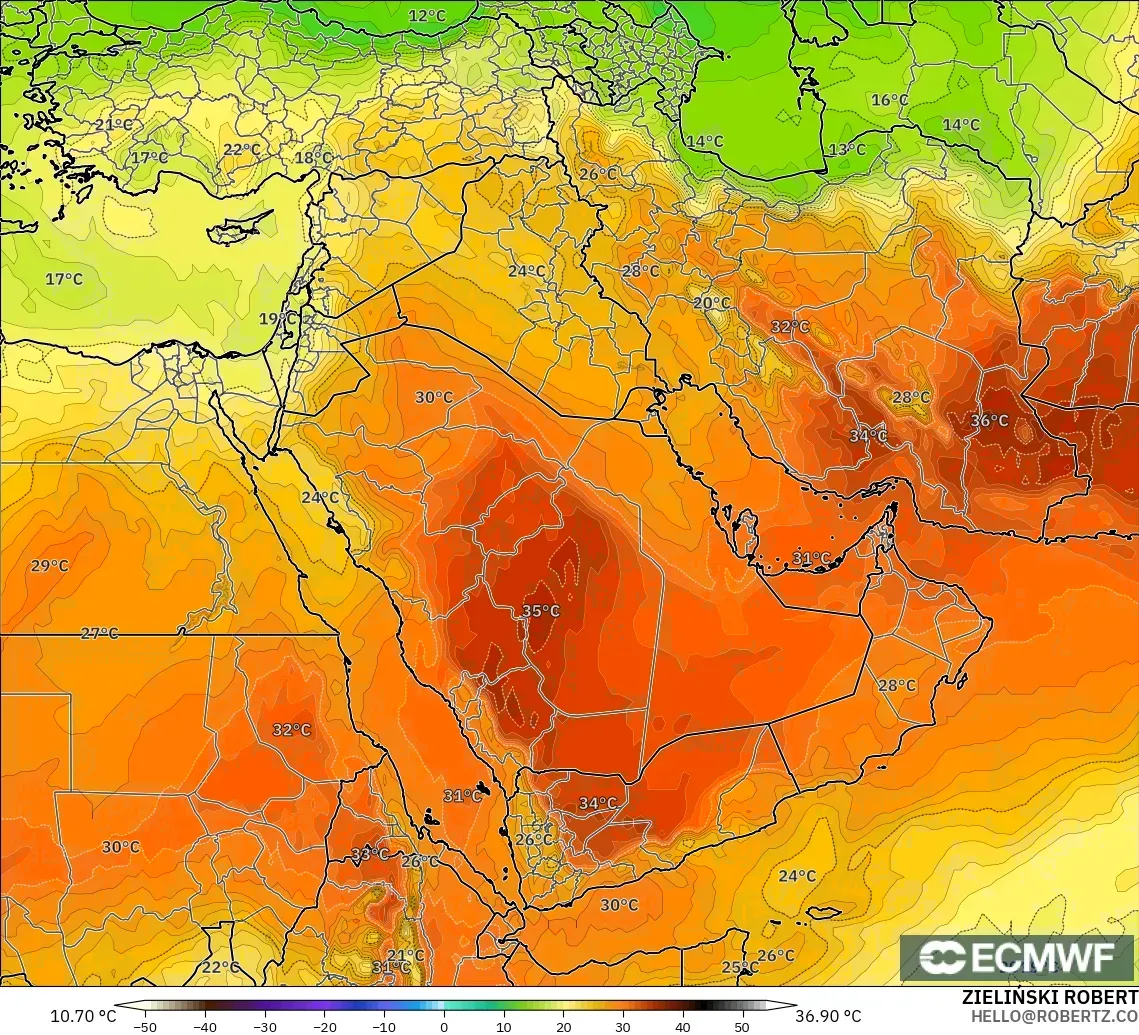 ECMWF IFS 0.25° modelo - Oriente Medio, Temperatura a 850 hPa