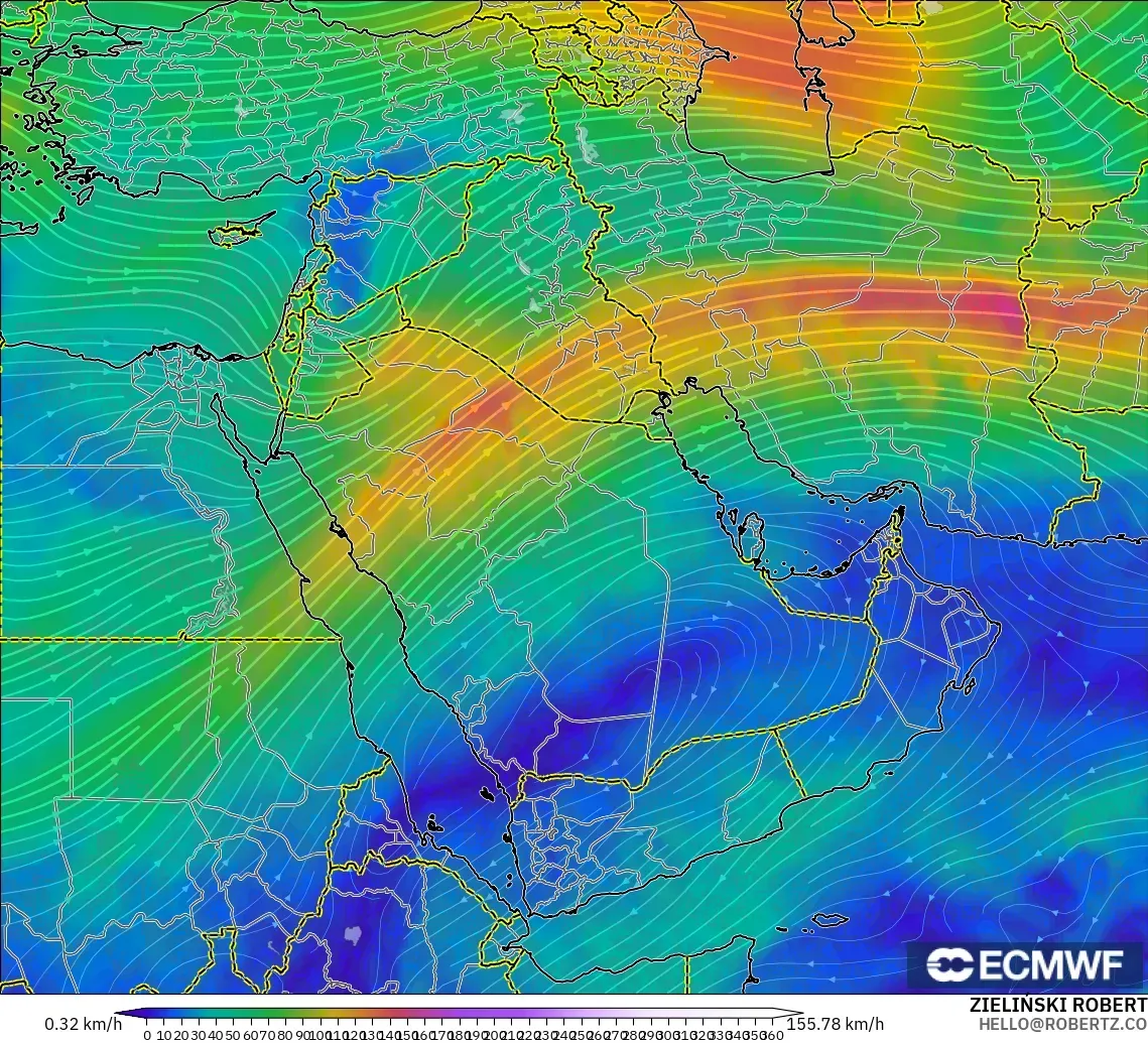 ECMWF IFS 0.25° modelo - Oriente Medio, Viento a 300 hPa (corriente en chorro)