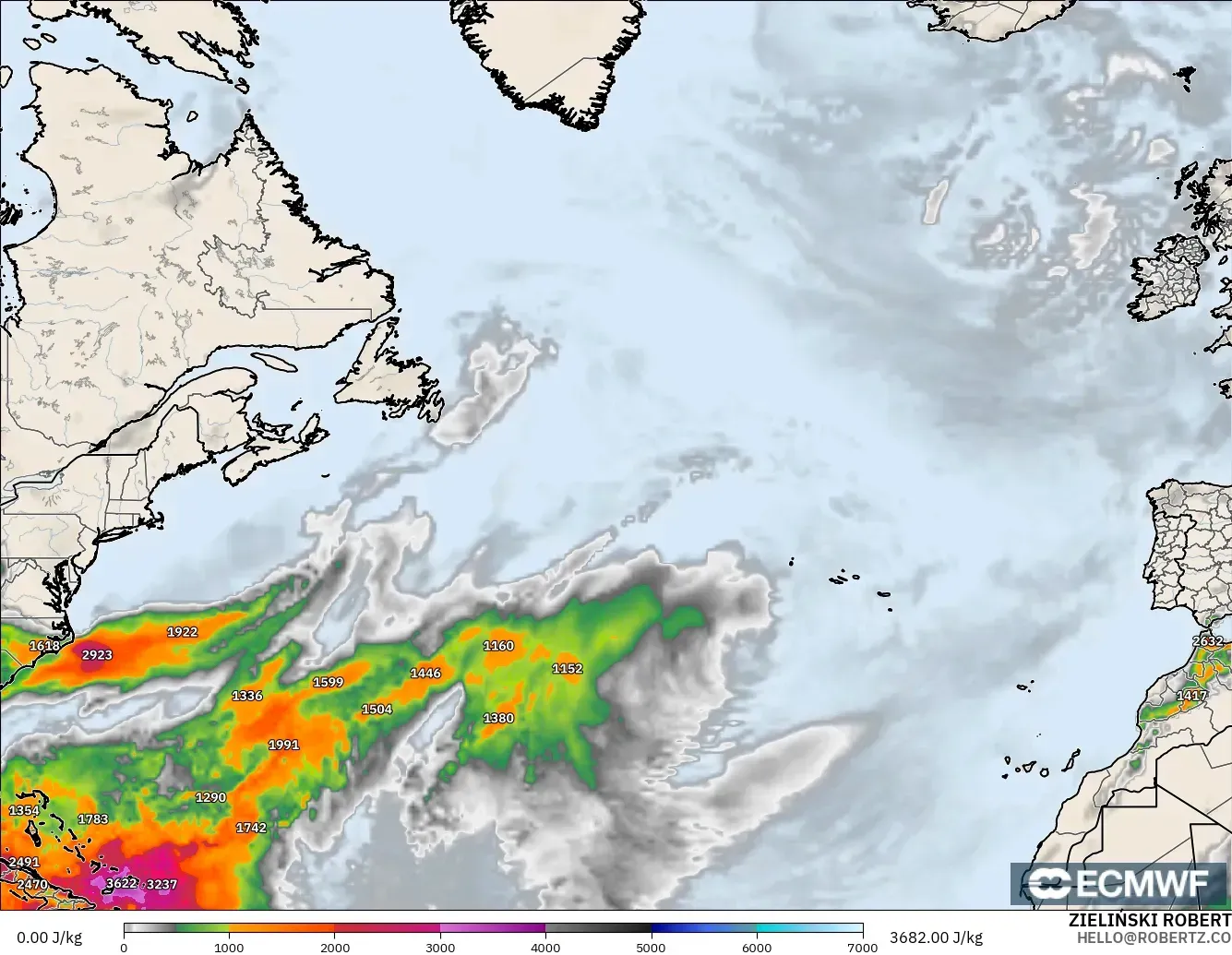 ECMWF IFS 0.25° modelo - Norte Atlántico, CAPE