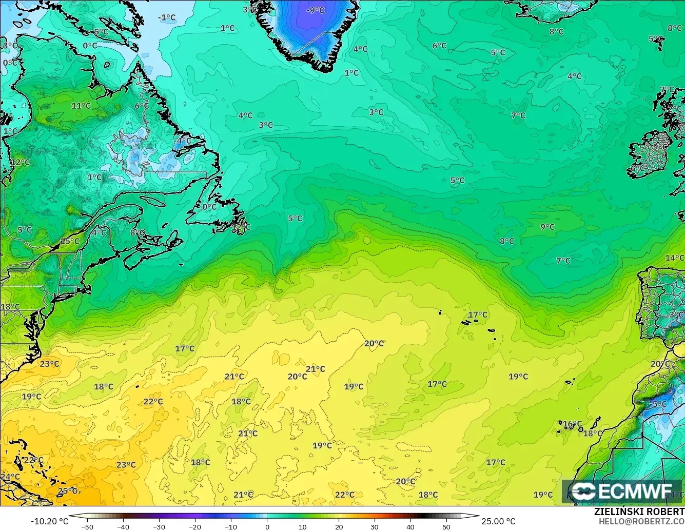 ECMWF IFS 0.25° modelo - Norte Atlántico, Punto de rocío a 2 m