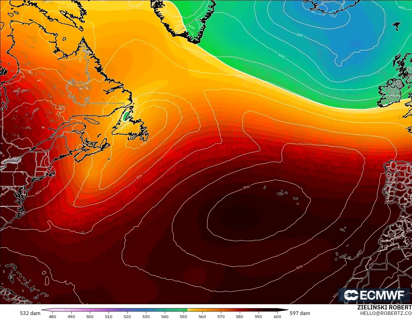 ECMWF IFS 0.25° modelo - Norte Atlántico, Altura geopotencial a 500 hPa