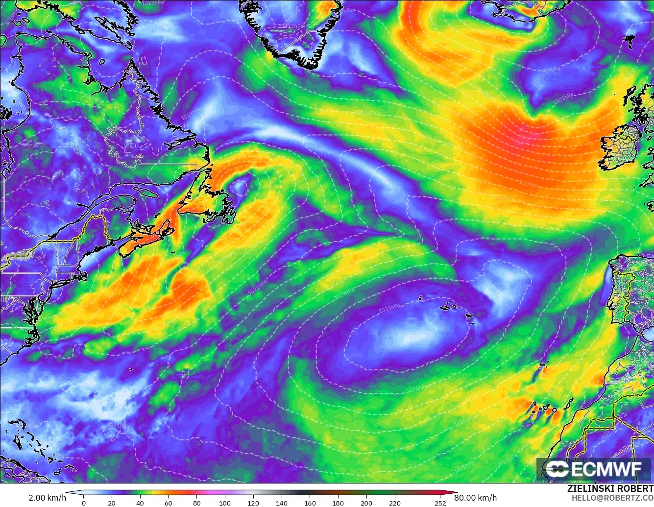 ECMWF IFS 0.25° modelo - Norte Atlántico, Ráfagas de viento