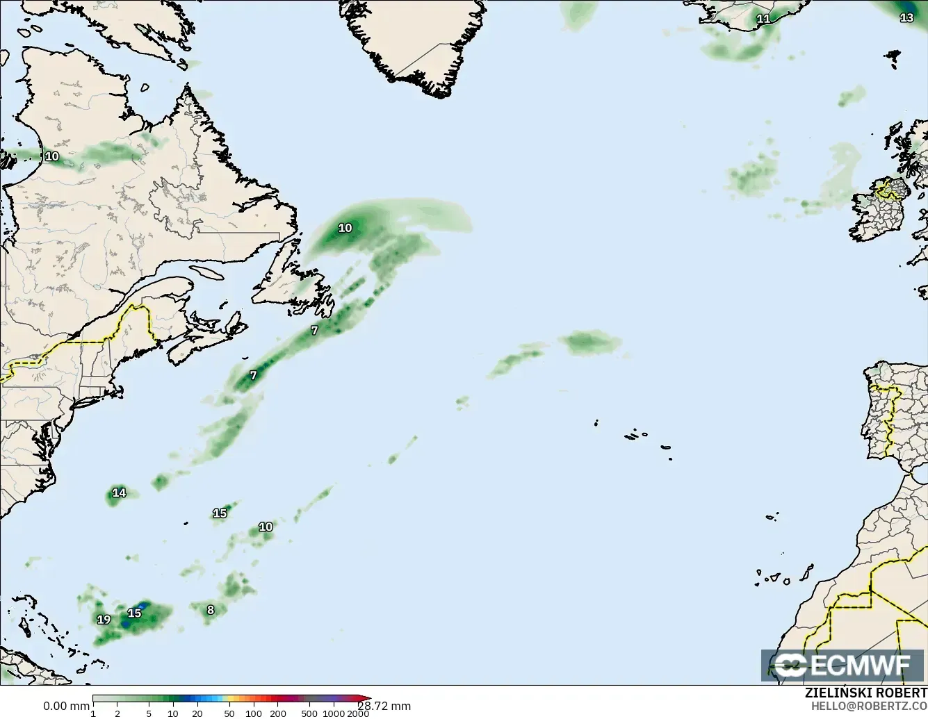 ECMWF IFS 0.25° modelo - Norte Atlántico, Acumulación de precipitación