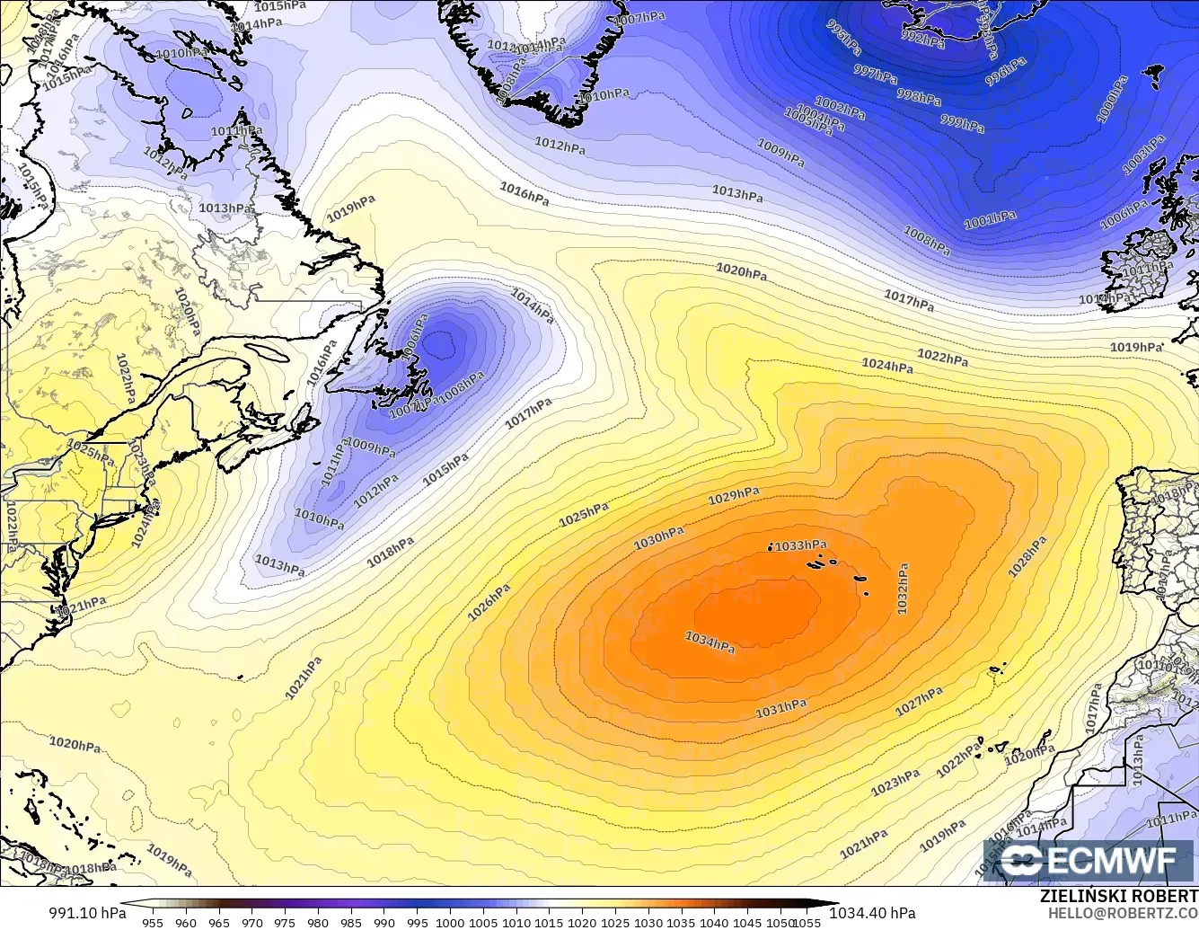ECMWF IFS 0.25° modelo - Norte Atlántico, Presión