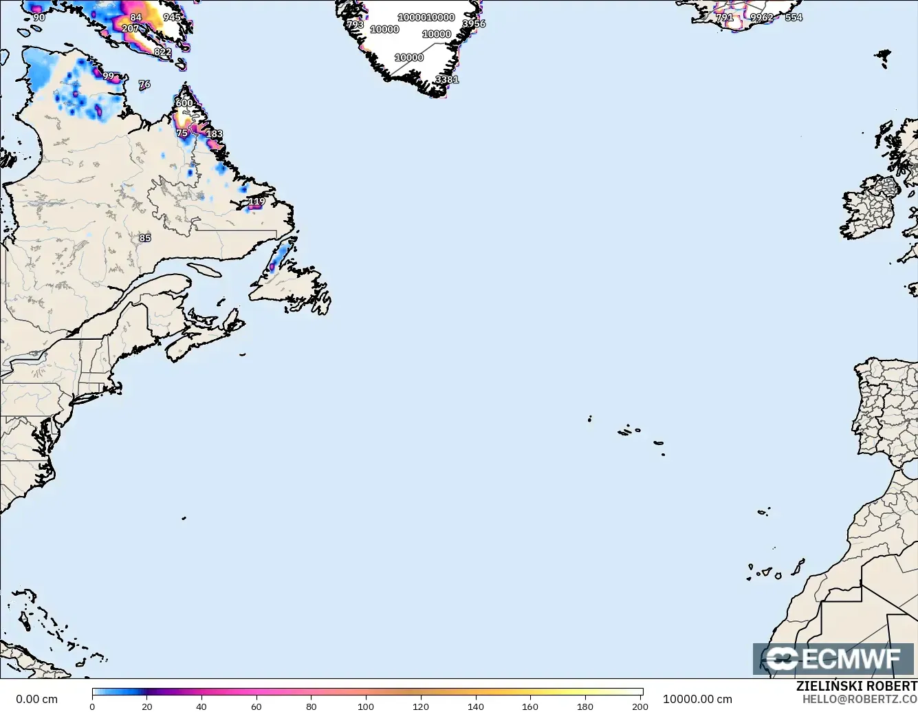 ECMWF IFS 0.25° modelo - Norte Atlántico, Profundidad de nieve