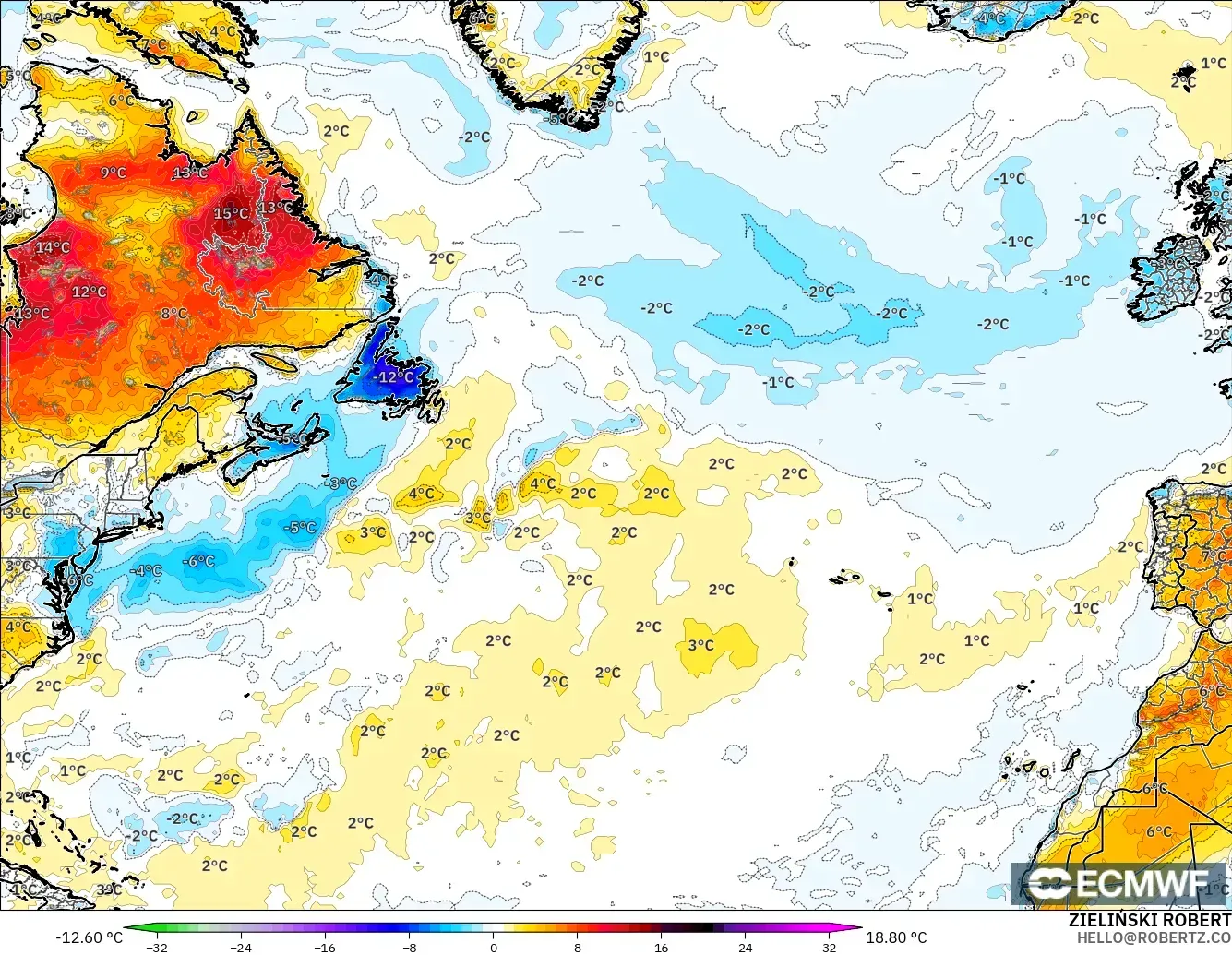 ECMWF IFS 0.25° modelo - Norte Atlántico, Anomalía de temperatura a 2 m