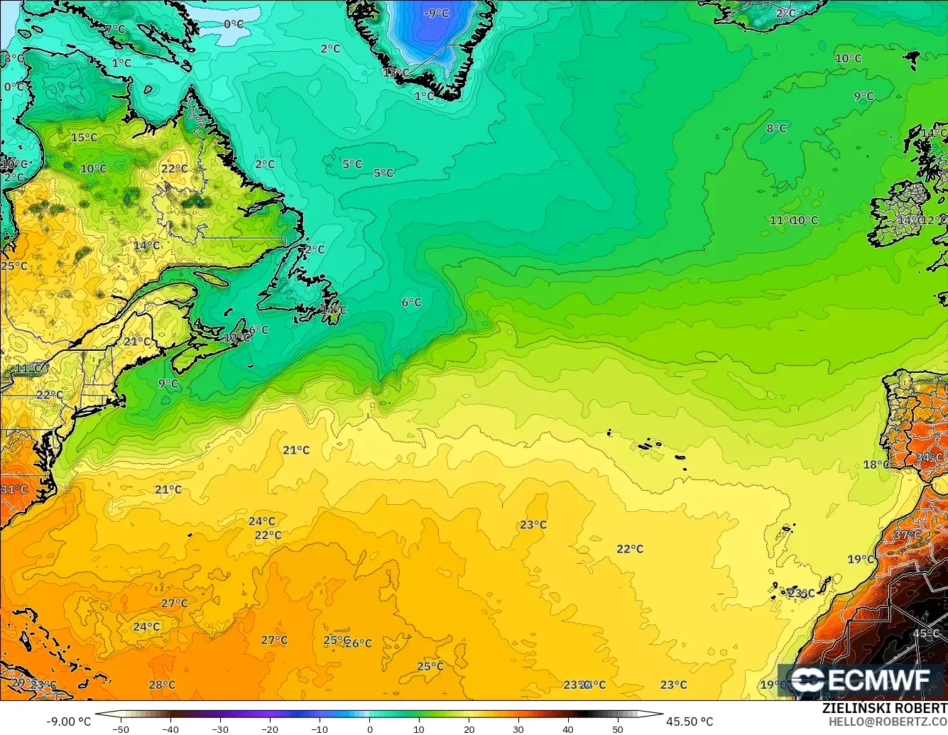 ECMWF IFS 0.25° modelo - Norte Atlántico, Temperatura a 2 m