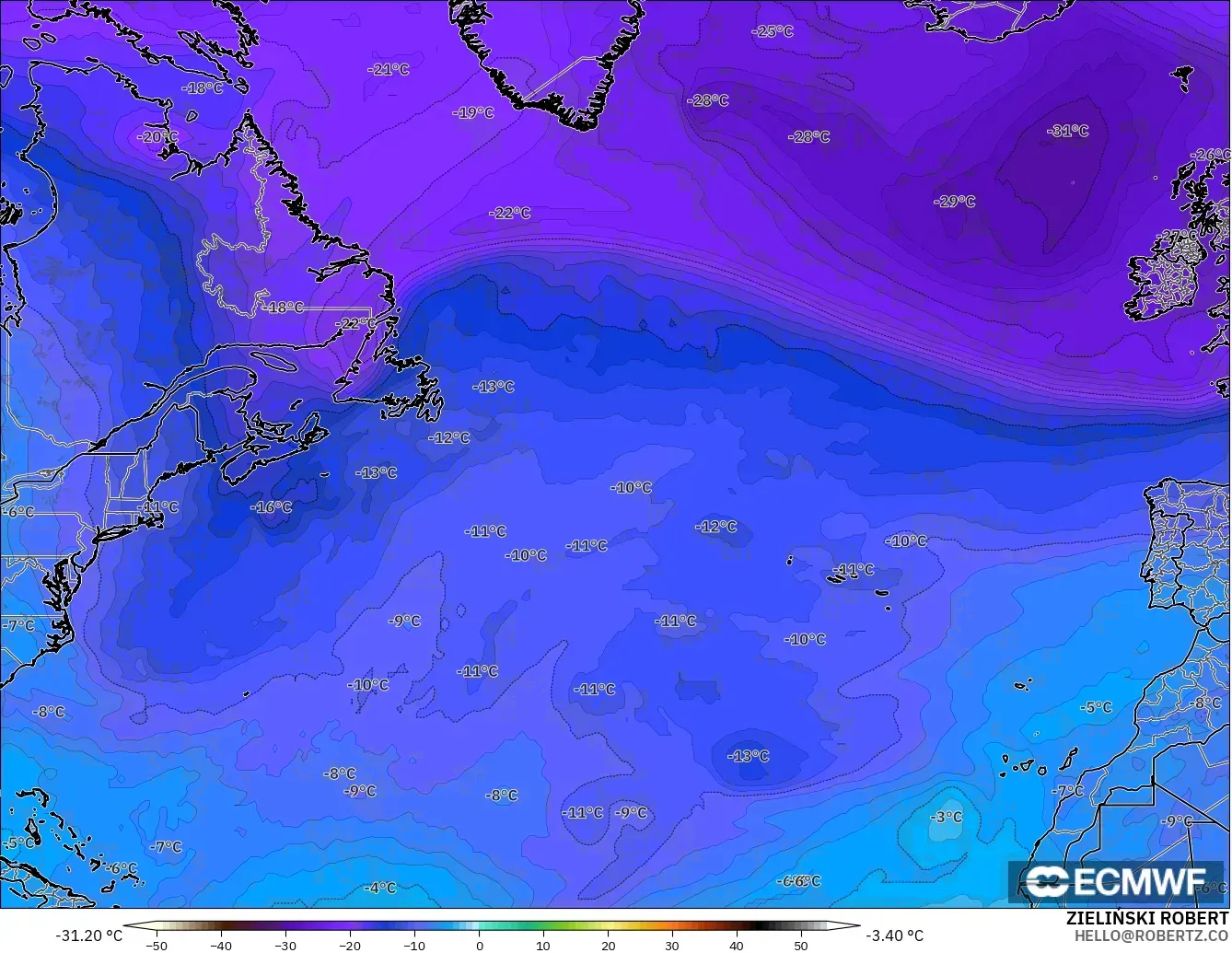 ECMWF IFS 0.25° modelo - Norte Atlántico, Temperatura a 500 hPa