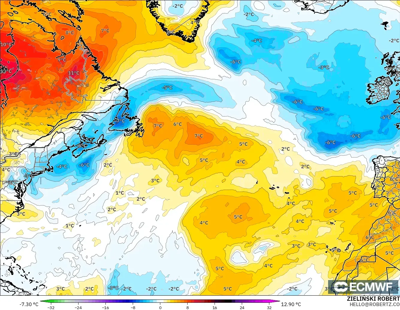 ECMWF IFS 0.25° modelo - Norte Atlántico, Anomalía de temperatura a 850 hPa