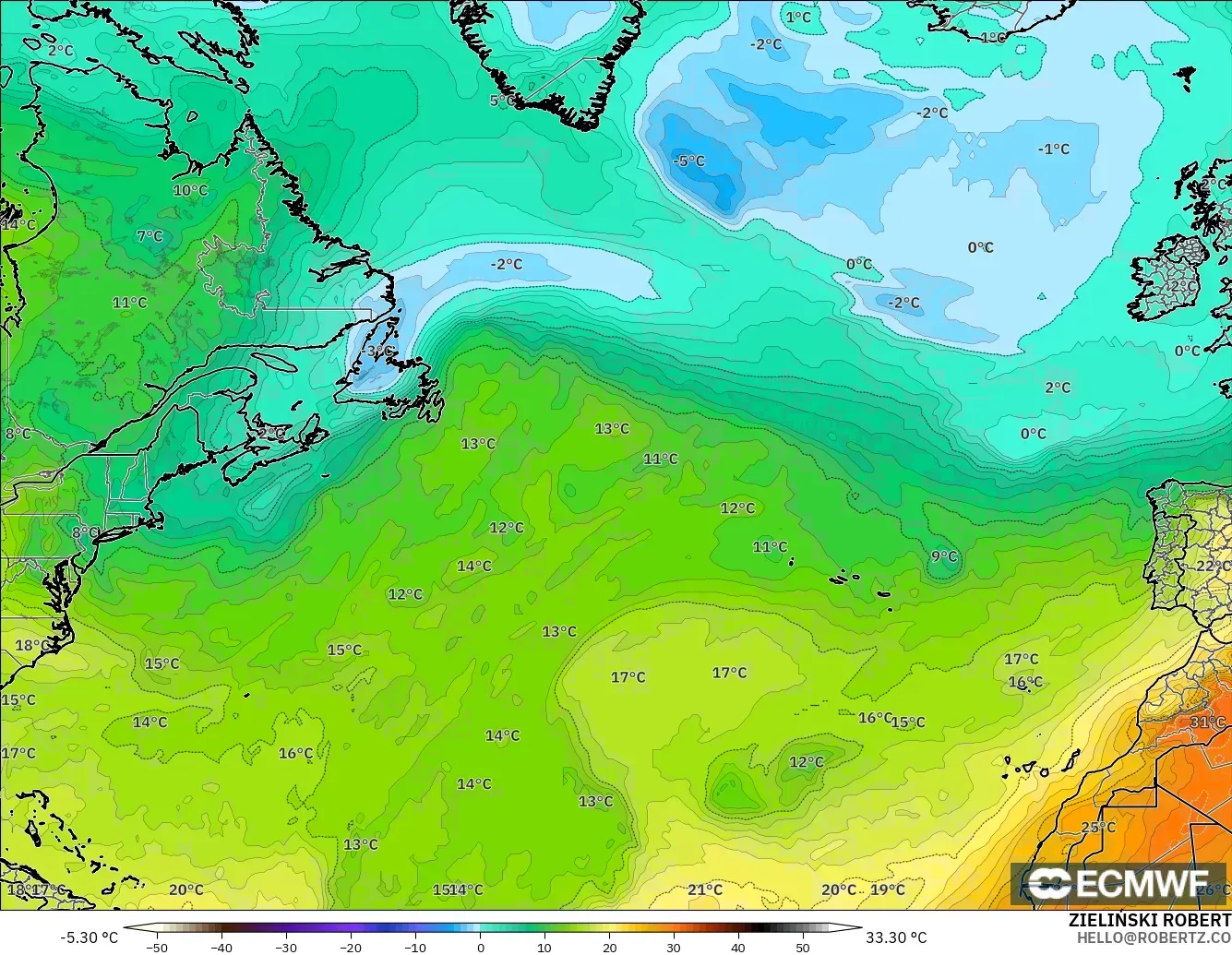 ECMWF IFS 0.25° modelo - Norte Atlántico, Temperatura a 850 hPa