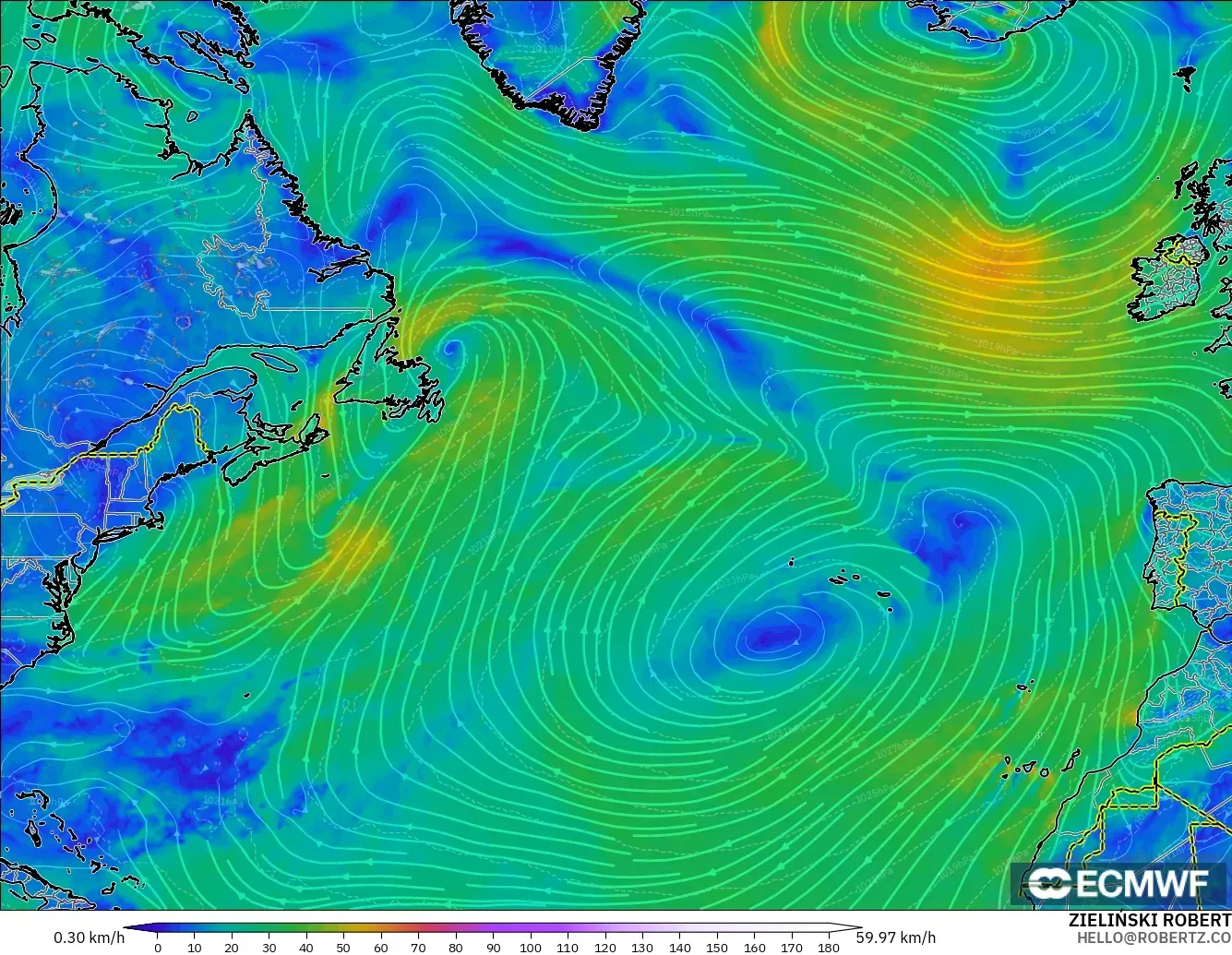 ECMWF IFS 0.25° modelo - Norte Atlántico, Viento a 10 m
