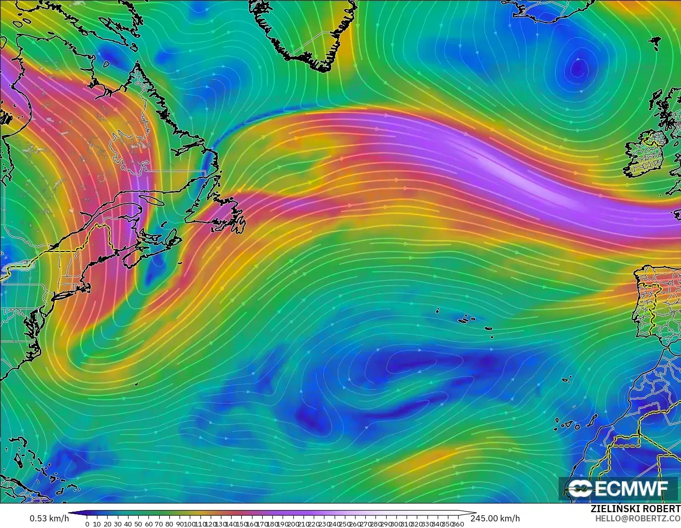 ECMWF IFS 0.25° modelo - Norte Atlántico, Viento a 300 hPa (corriente en chorro)