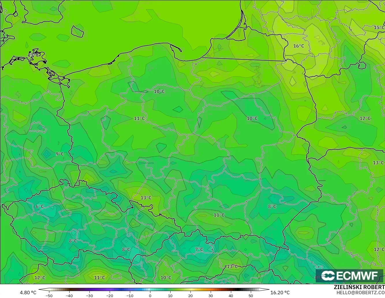 ECMWF IFS 0.25° modelo - Polonia, Punto de rocío a 2 m