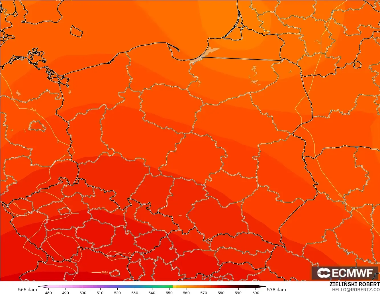 ECMWF IFS 0.25° modelo - Polonia, Altura geopotencial a 500 hPa