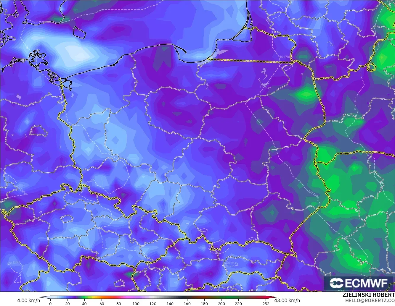 ECMWF IFS 0.25° modelo - Polonia, Ráfagas de Viento Máximas