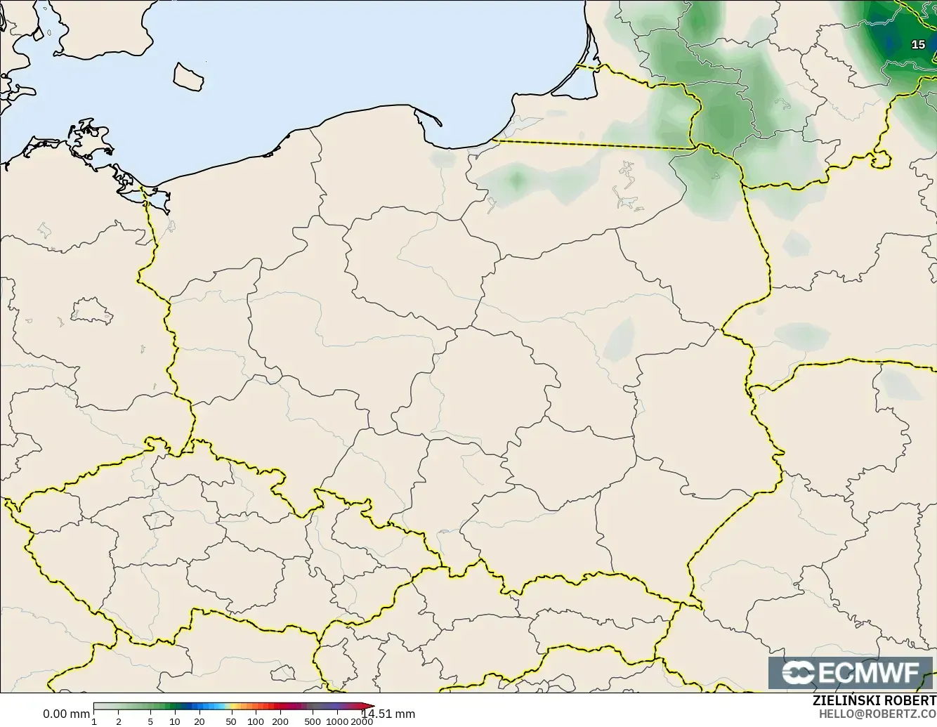 ECMWF IFS 0.25° modelo - Polonia, Acumulación de precipitación