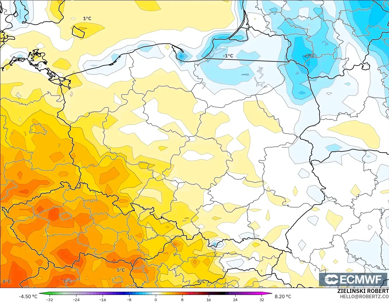 ECMWF IFS 0.25° modelo - Polonia, Anomalía de temperatura a 2 m