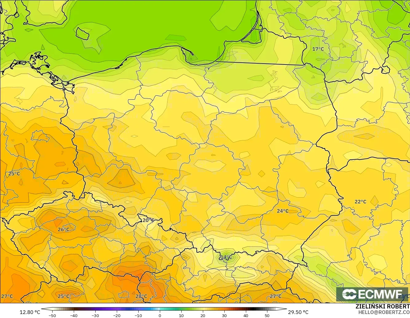 ECMWF IFS 0.25° modelo - Polonia, Temperatura a 2 m