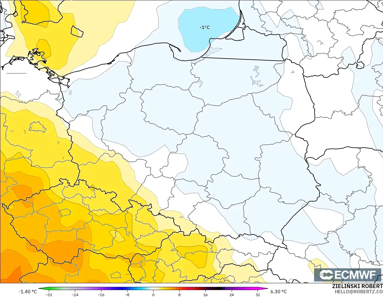 ECMWF IFS 0.25° modelo - Polonia, Anomalía de temperatura a 850 hPa
