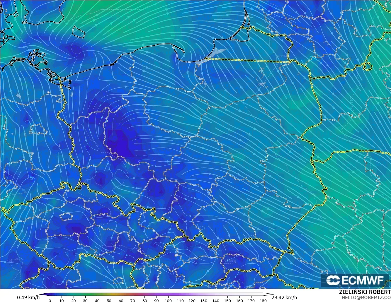 ECMWF IFS 0.25° modelo - Polonia, Viento a 10 m