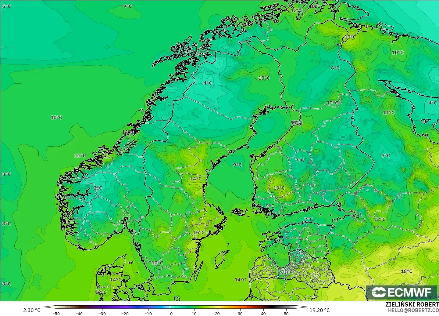 ECMWF IFS 0.25° modelo - Escandinavia, Punto de rocío a 2 m