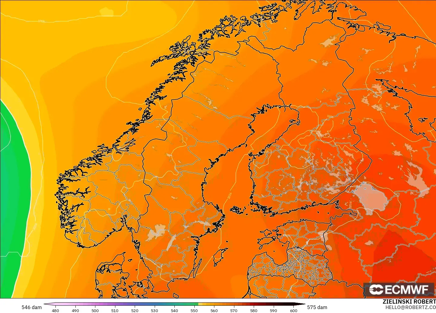 ECMWF IFS 0.25° modelo - Escandinavia, Altura geopotencial a 500 hPa