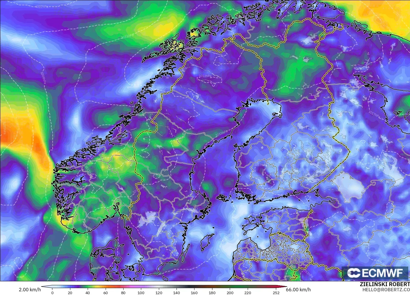ECMWF IFS 0.25° modelo - Escandinavia, Ráfagas de Viento Máximas