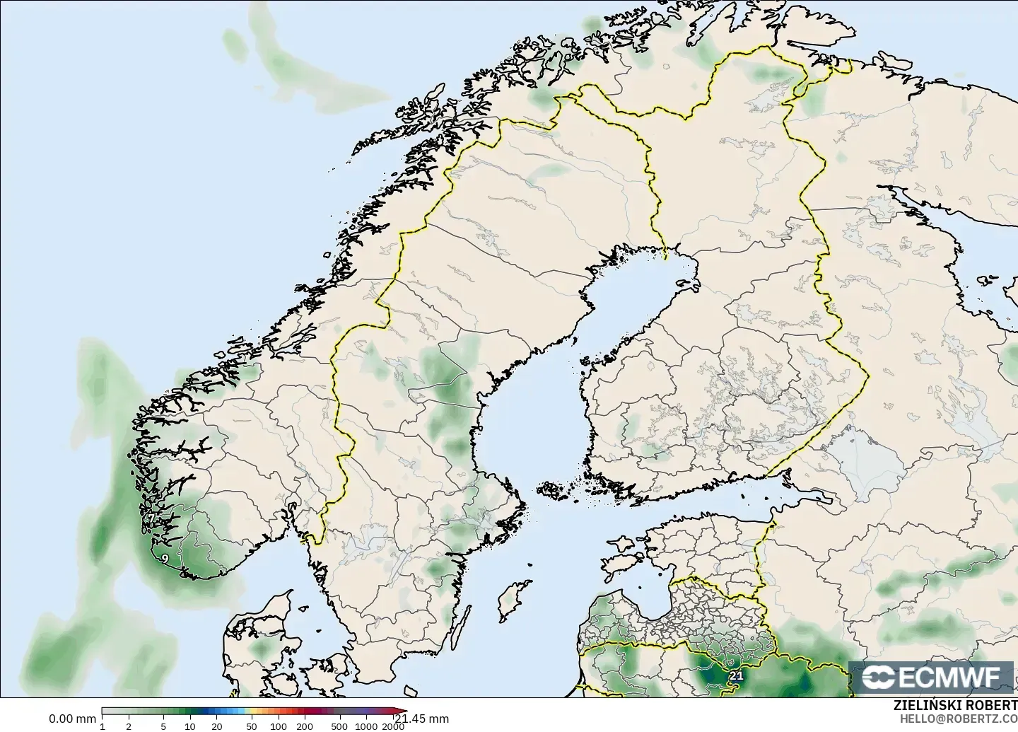 ECMWF IFS 0.25° modelo - Escandinavia, Acumulación de precipitación