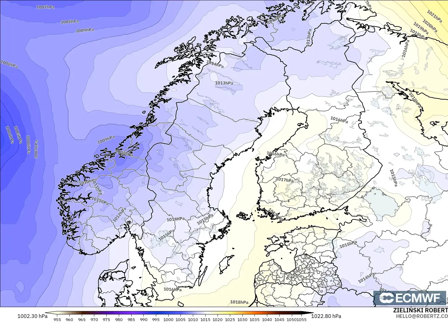 ECMWF IFS 0.25° modelo - Escandinavia, Presión