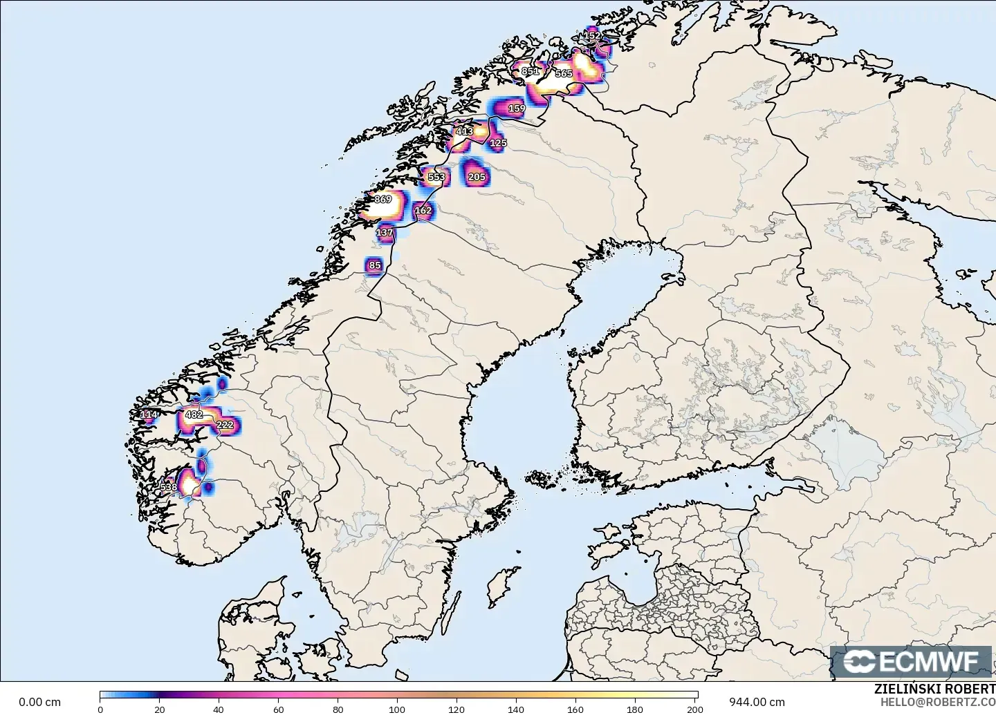 ECMWF IFS 0.25° modelo - Escandinavia, Profundidad de nieve