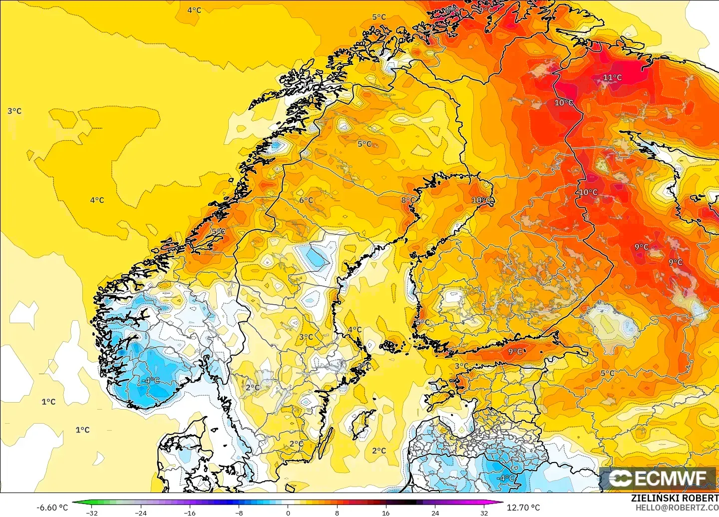ECMWF IFS 0.25° modelo - Escandinavia, Anomalía de temperatura a 2 m
