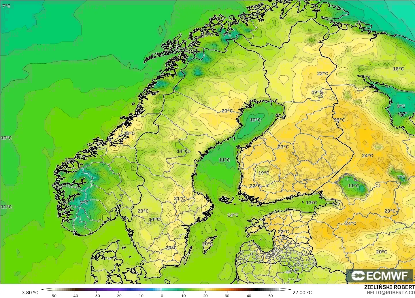 ECMWF IFS 0.25° modelo - Escandinavia, Temperatura a 2 m