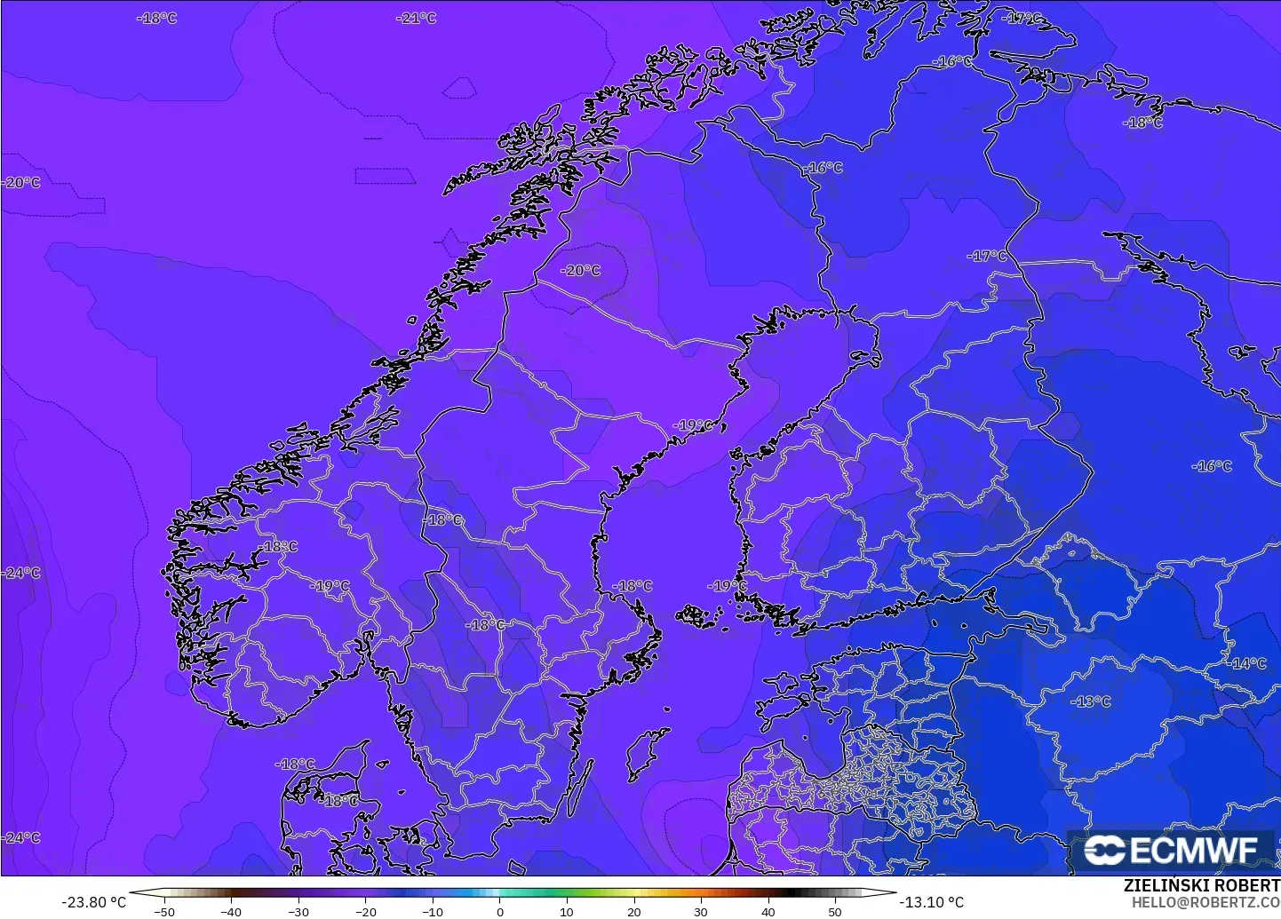 ECMWF IFS 0.25° modelo - Escandinavia, Temperatura a 500 hPa