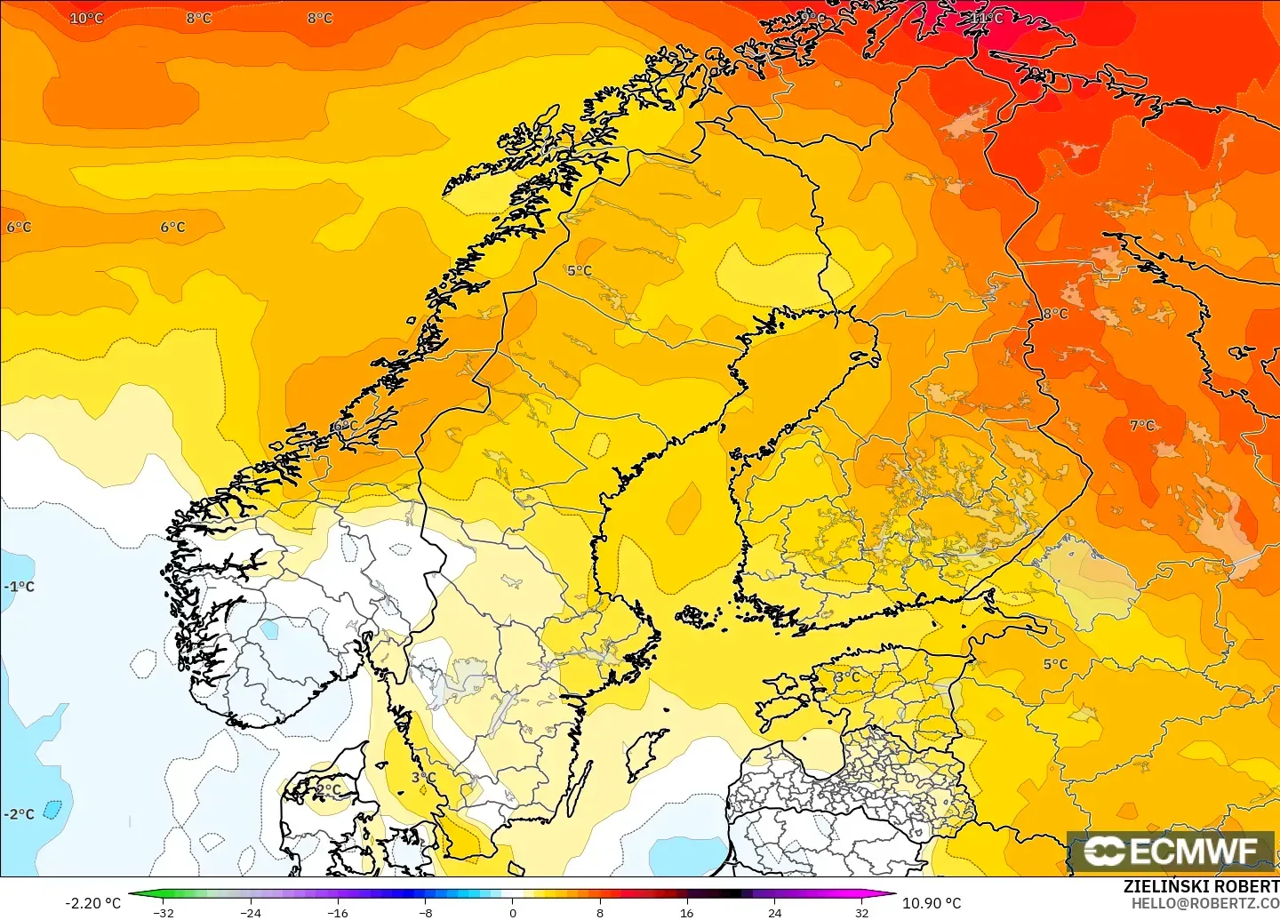 ECMWF IFS 0.25° modelo - Escandinavia, Anomalía de temperatura a 850 hPa