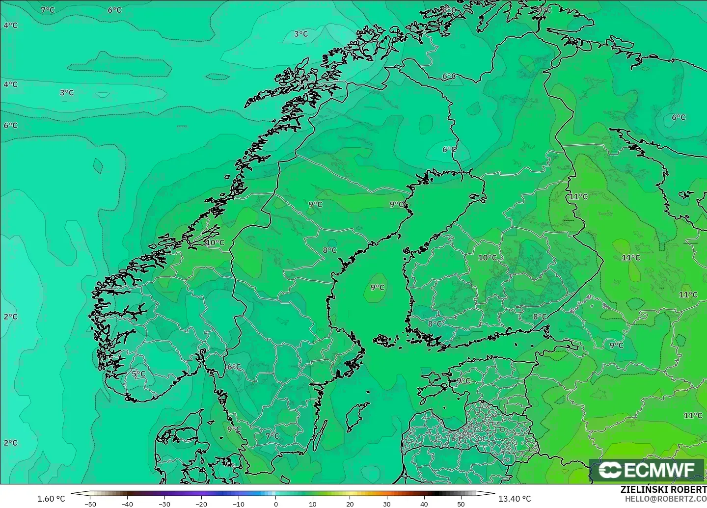 ECMWF IFS 0.25° modelo - Escandinavia, Temperatura a 850 hPa