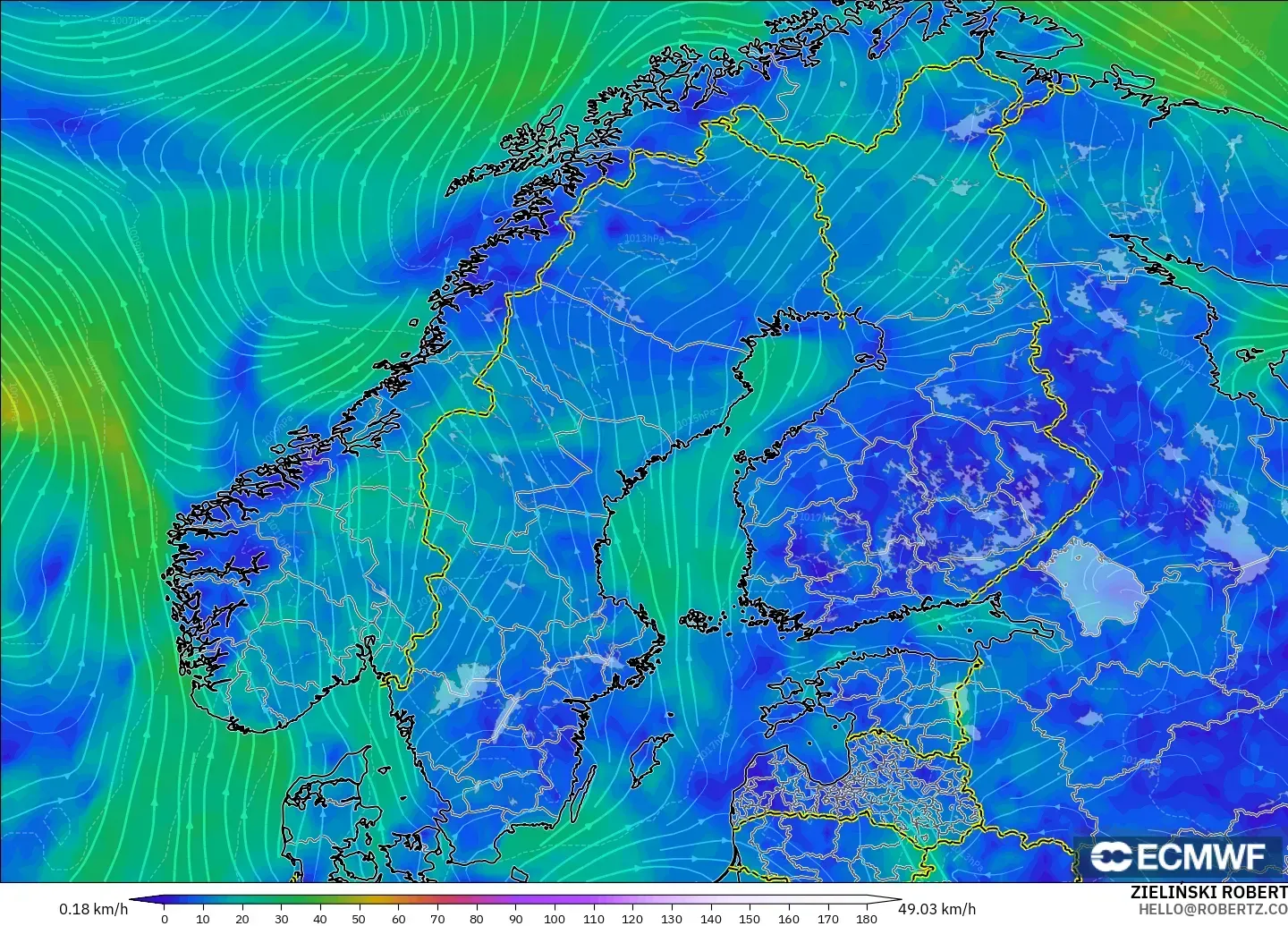 ECMWF IFS 0.25° modelo - Escandinavia, Viento a 10 m