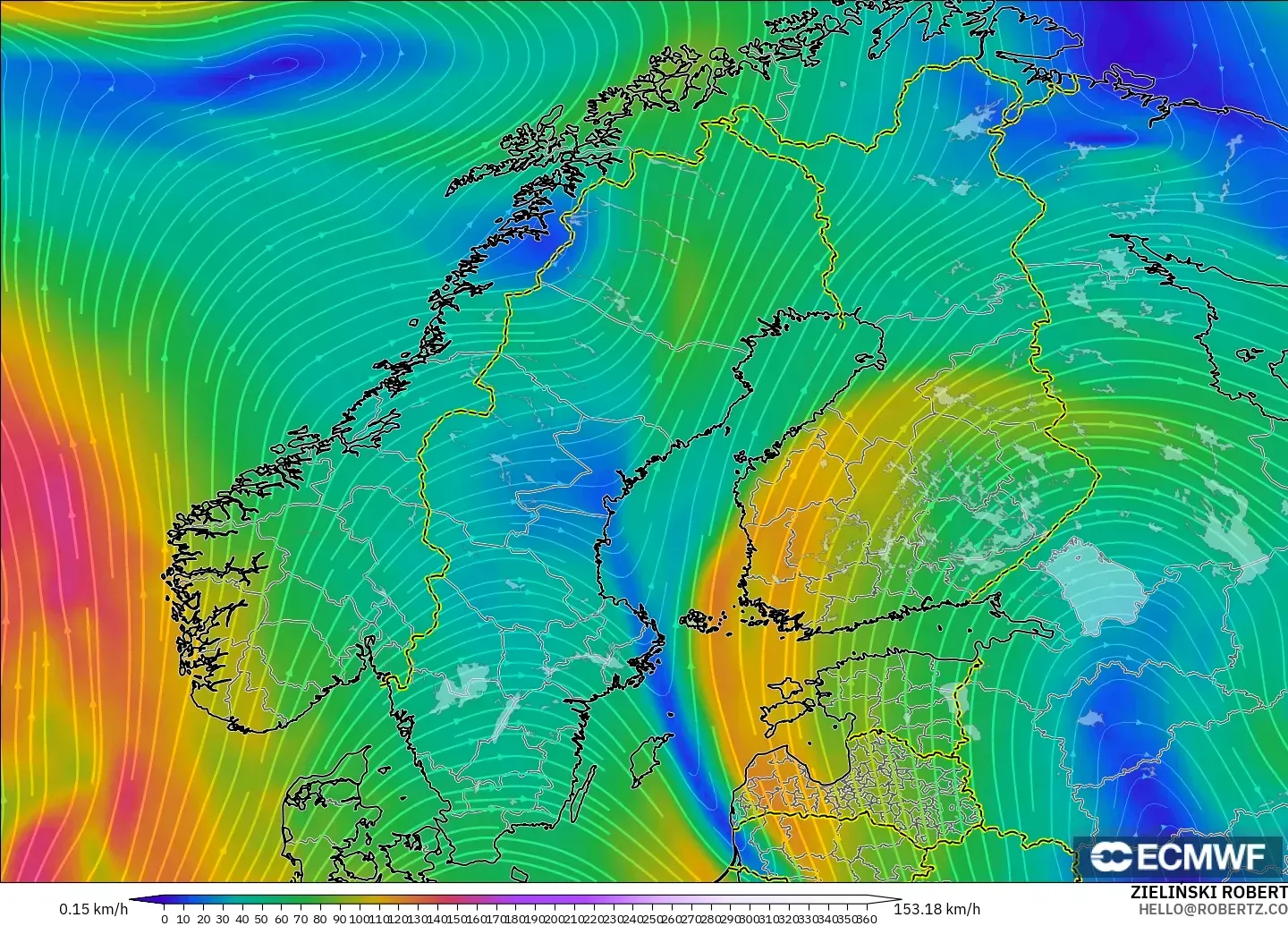 ECMWF IFS 0.25° modelo - Escandinavia, Viento a 300 hPa (corriente en chorro)