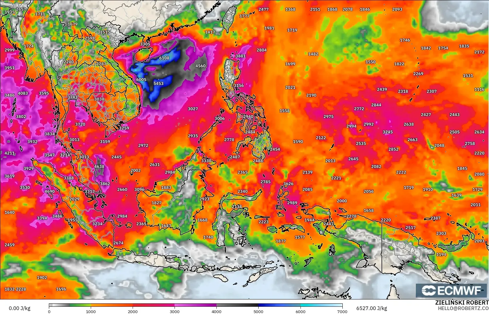 ECMWF IFS 0.25° modelo - Sudeste Asiático, CAPE