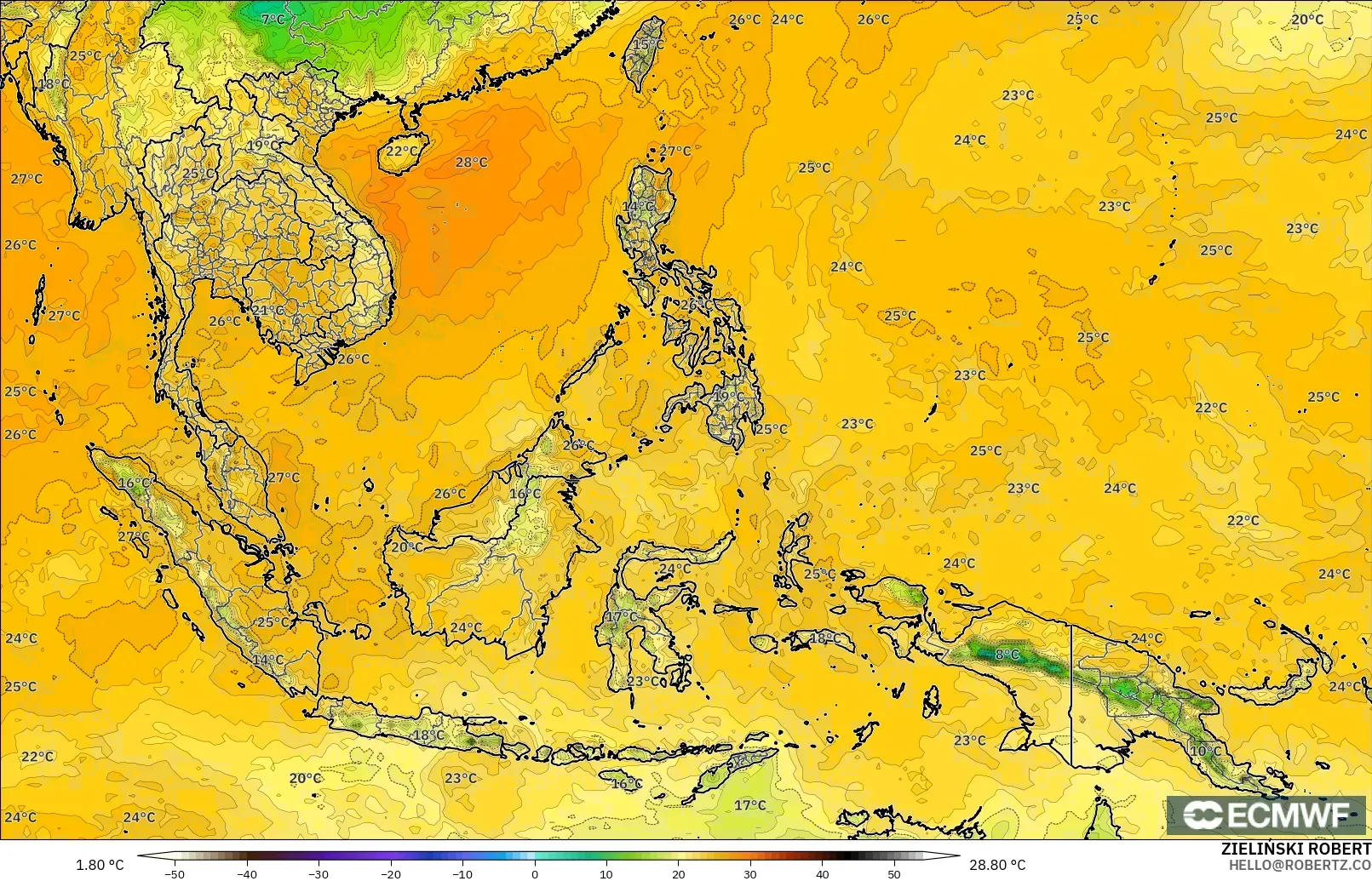 ECMWF IFS 0.25° modelo - Sudeste Asiático, Punto de rocío a 2 m